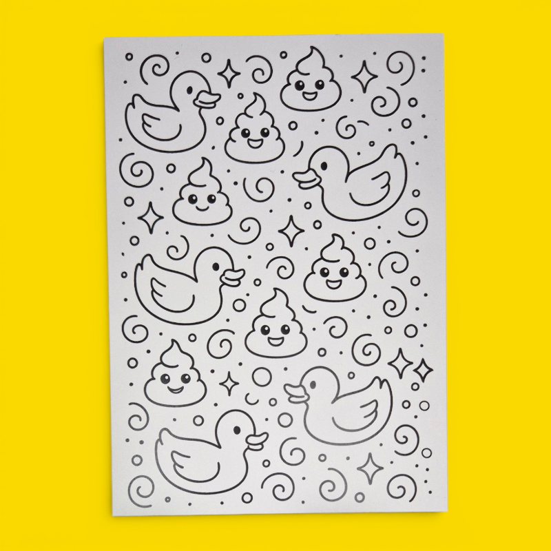 Colour-a-duck postcard front with kawaii ducks and poo doodles to colour in