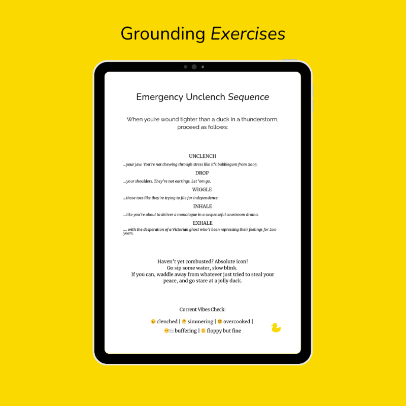 Grounding Exercises page from A Very mindful(ish) Journal — Emergency Unclench Sequence with guided body scan steps for jaw, shoulders, toes, and breathing, plus a vibes check