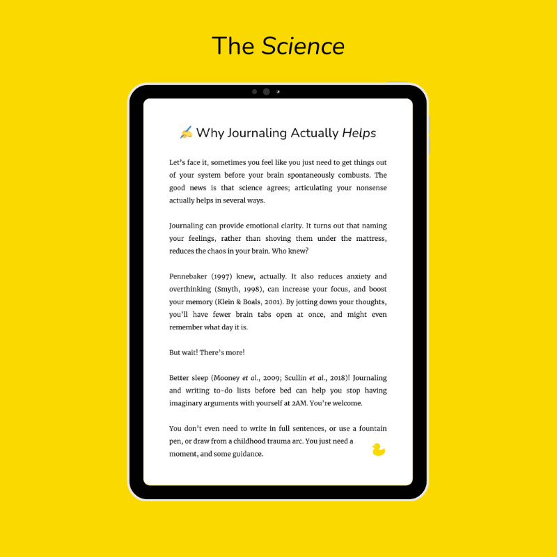 The Science page from A Very mindful(ish) Journal — Why Journaling Actually Helps, citing Pennebaker, Smyth, Klein and Boals research on emotional clarity, anxiety reduction, and better sleep